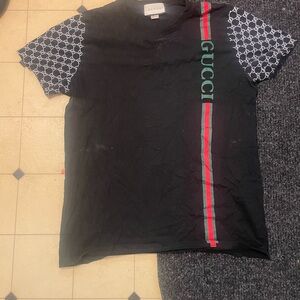 Gucci Black Tee with Red-Green Stripe and Logo